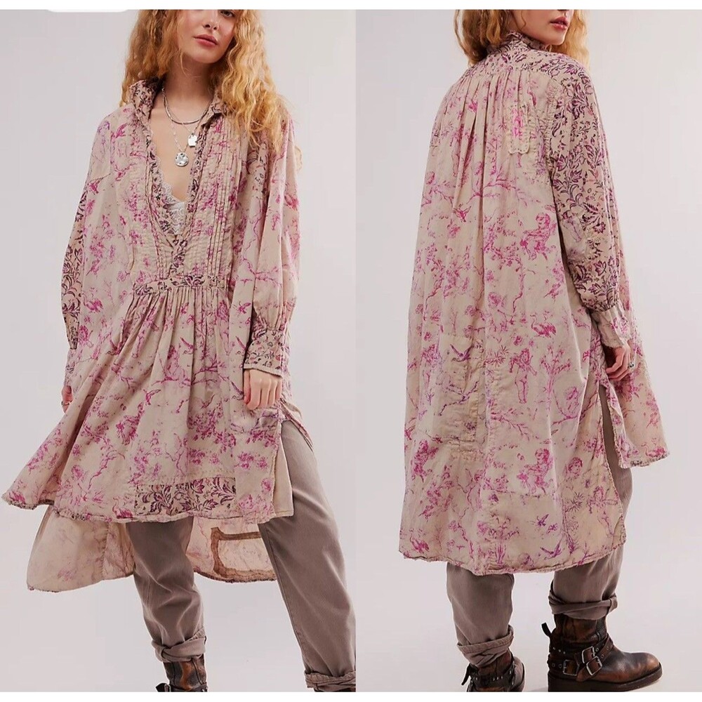 Magnolia Pearl Eternal Top Cherub Printed Shirt Dress One Size Angel Floral Bird